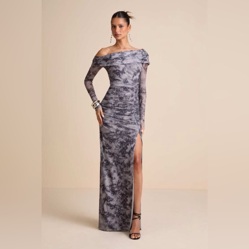 LULU’S DARLA TIE DYE MESH ONE SHOULDER LONG SLEEVE MAXI DRESS